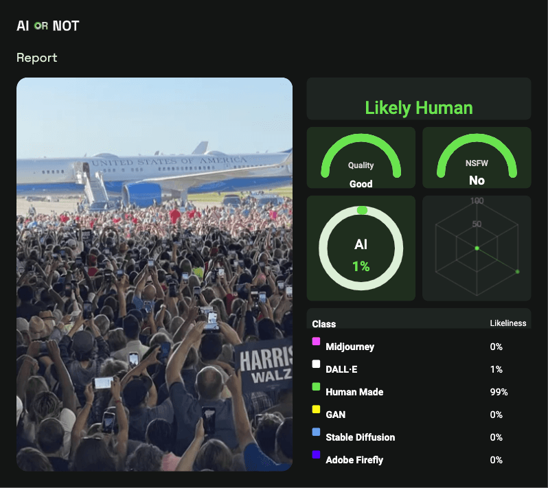 AI image detection report for Kamala Harris crowd picture